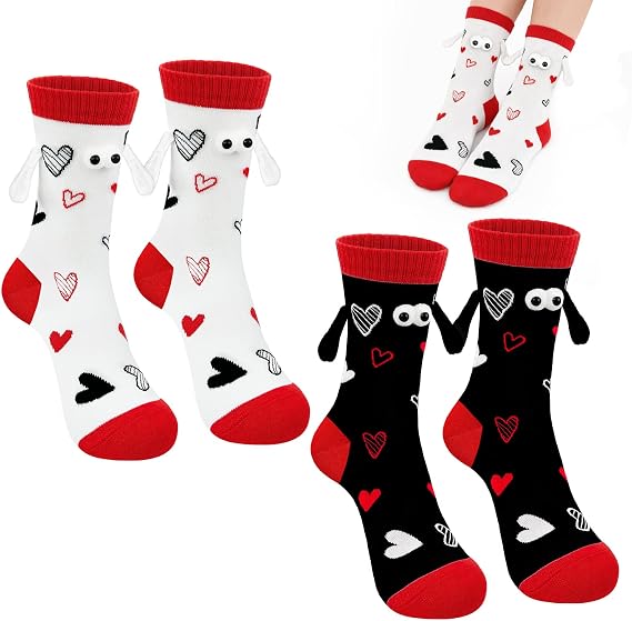 Funny Valentines Day Magnetic Socks, 2 Pairs Heart Hand Holding Socks for Women Men, Cool Valentine Gifts for Teens Boys Girls & Friends, Cute Couple Socks for Him Her, Galentines Gifts for Besties