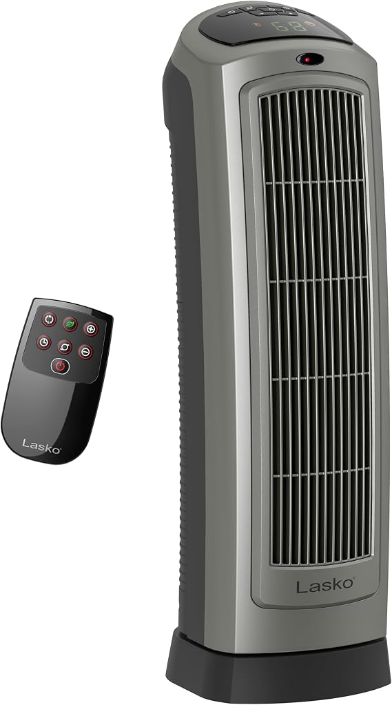 Lasko Portable Oscillating Ceramic Space Heater Tower with Digital Display, Remote Control, 2 Heat Settings and 8 Hour Timer, Gray