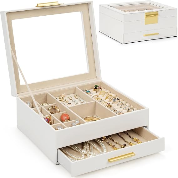 AKOZLIN 2-Tier Jewelry Box with Clear Glass Lid Functional Leather Jewelry Storage Organizer Case 1 Drawers for Women Girls Necklace Ring Bracelet Earring White