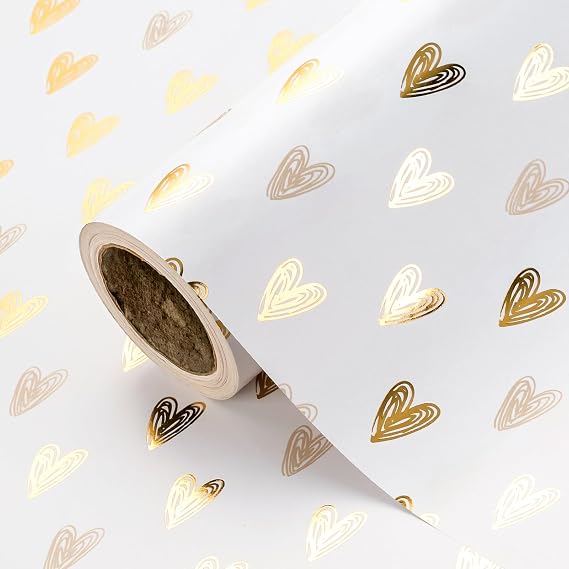 RUSPEPA Heart Wrapping Paper Roll - Mini Roll - 43.2cm x 5m - Gold Foil Heart Design for Valentines's Day, Wedding, Bridal Shower, Birthday, Baby Shower