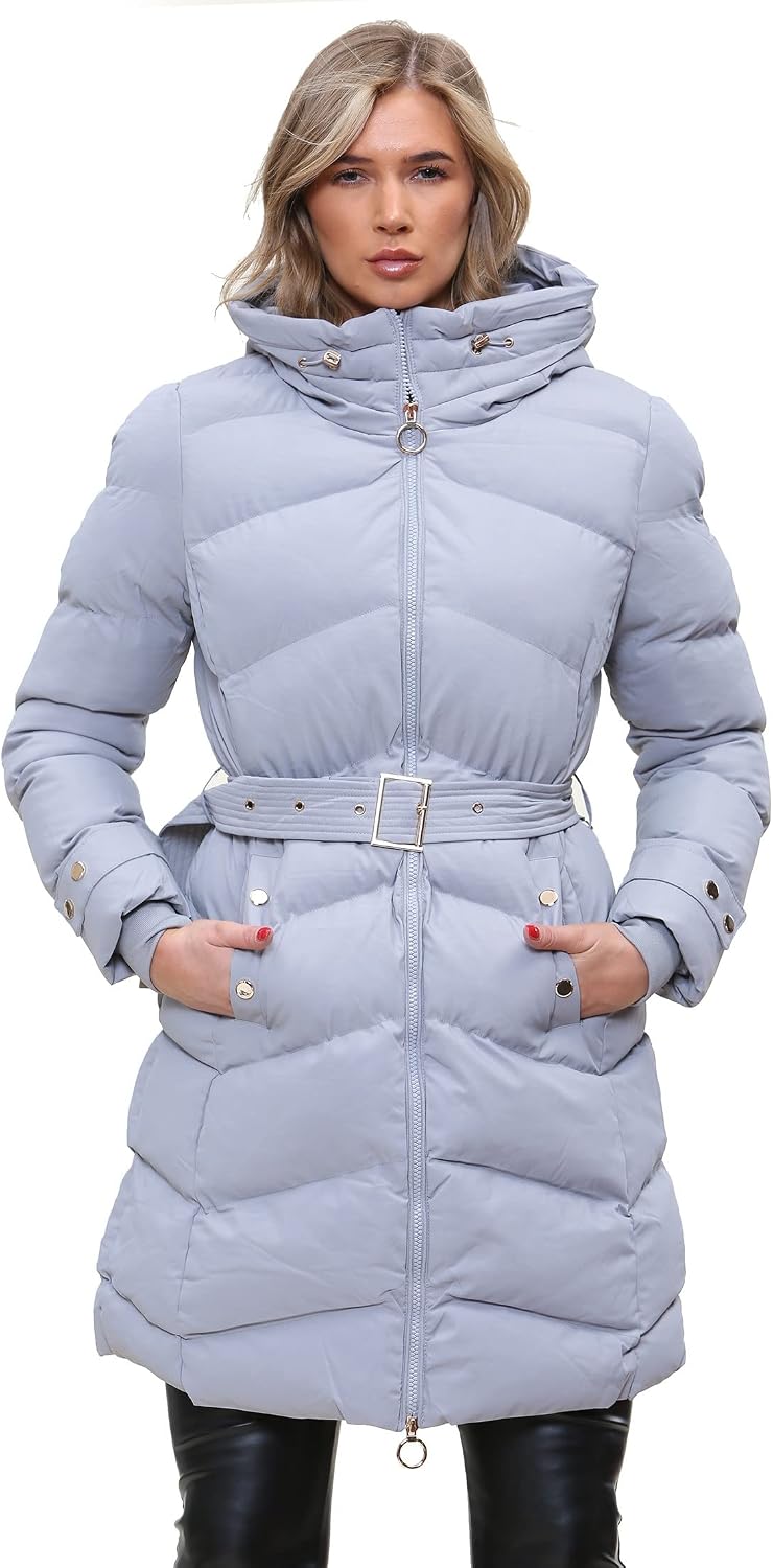shelikes Womens Winter Coat Ladies Faux Fur Hooded Puffer Belted Quilted Long Jacket Warm Parka Coats With Detachable Hood