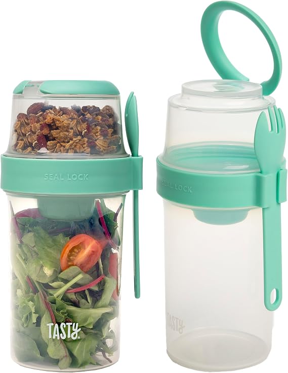 Tasty Salad Shakers with Sporks, Bring Salads and Snacks to Go, All-In-One Container, Convenient Carry Handle, Separate Compartments, 2-Pack Set, Aqua