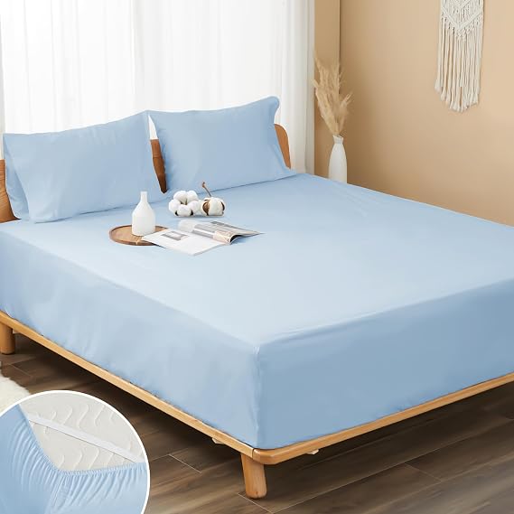 100% Cotton Percale Fitted Sheet Twin Size, Deep Pocket, Light Blue