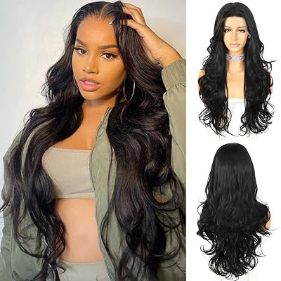 SAPPHIREWIGS Black Lace Front Wig Long Wavy Synthetic Wig Silky Heat Resistant Glueless 13x3 Synthetic Lace Front Wigs Natural Hairline for Women 26 inch