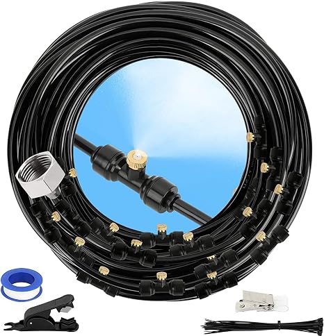 GMAULEE Misting Cooling System, DIY 49.2 FT(15M) Misting Line +15 Brass Mist Nozzles+ a Brass Connector(3/4'') Outdoor Mister System for Patio Waterpark Garden Trampoline Greenhouse