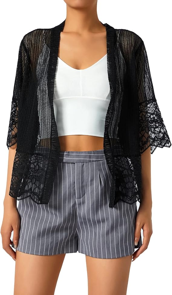 Women's Short Cardigan Sheer Mesh Bolero Shrug 3/4 Sleeve Crop Tops Lace Jacket Beach Cover up for Dress