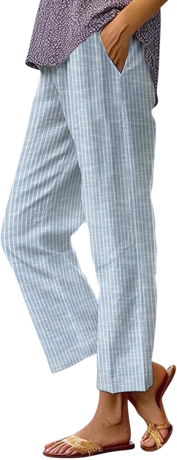 Womens Linen Pants Drawstring Elastic Waist Casual Striped Cotton Linen Straight Leg Striped Trousers with Pockets