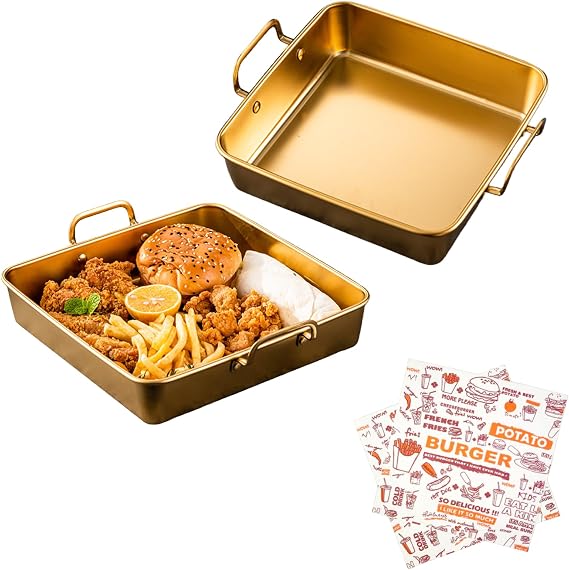 Stainless Steel Square Baking Pan, 2-Piece 10-Inch Deep Cake Pan | 50 Parchment Papers, Nonstick Bakeware, For Brownies Pizza Lasagna