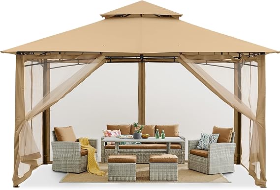 MASTERCANOPY 10x12 ft Heavy Duty Patio Gazebo with Netting Walls, Beige