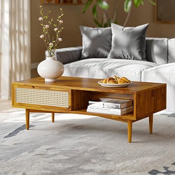Bme Nancy Solid Acacia Wood Coffee Table for Living Room, Spacious Oval-Shaped 237 Lbs Top Capacity, Rattan Shelf Below, Mid Century, Rustic and Modern Style Living Room Furniture, Dark Chocolate