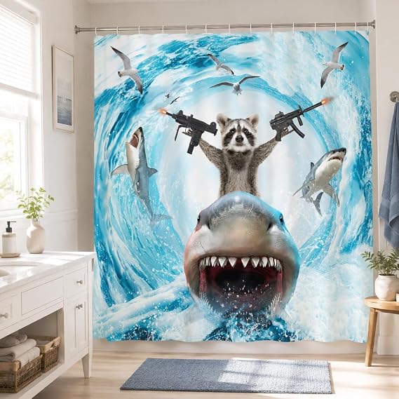 Funny Animal Shower Curtain, Cute Raccoons Ride Shark Ocean Waves Shower Curtain with Hooks, Nautical Coastal Fabric Bathroom Curtain 36W X 72L Inch