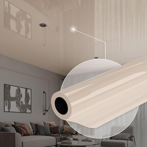 Ceiling Decor Film - Beige Glossy PVC Stretch Ceiling - Room Ceiling Covering Kit, DIY Easy Installation for Modern Ceiling Design Kit #16 Film Size 8'11'' * 13'2''