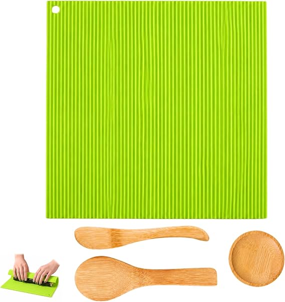 4PCS Sushi Making Kit, 4-Piece Silicone Sushi Rolling Mat Set with Rice Paddle, Ideal for Homemade Sushi Rolls and Vietnamese Spring Rolls, Complete with 7.5cm Vinegar Dish
