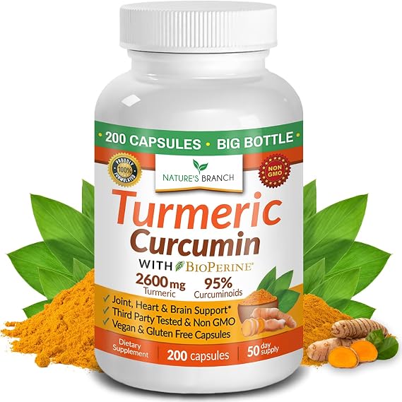 Turmeric Curcumin with Black Pepper BioPerine 2600mg for Men and Women | Organic Turmeric Power, Turmeric Supplement For Joints, 95% Curcuminoids, Extra Strength Pills, Vegan, Non GMO, 200 Capsules