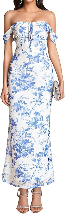 Colysmo Off Shoulder Floral Maxi Elegant Wedding Guest Dresses for Women | Stretchy Mesh Bodycon Dress, Lace-Up Front, 3 Waist Trim Strips, Long Formal, Cocktail, Baby Shower, Evening