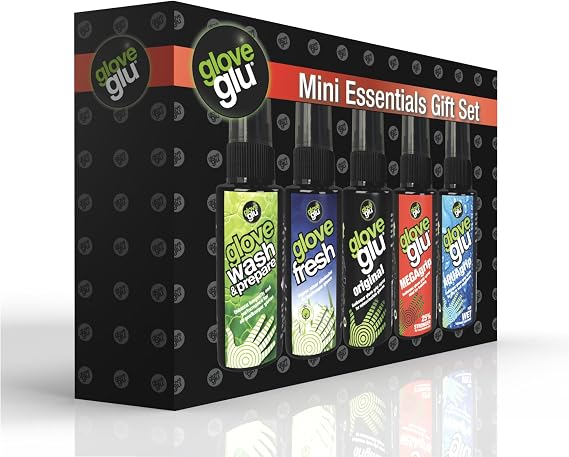 gloveglu Mini Essentials Goalkeeper Glove Care Gift Set | Includes Original, MEGAgrip, AQUAgrip, Wash & Prepare, Glove Fresh | Goalkeeper Gloves Care & Cleaning Kit for Football Goalies | 5X 50ml