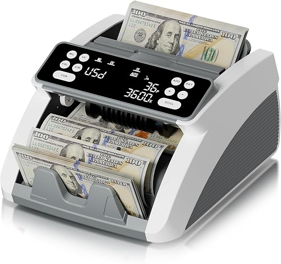 AROHANI Money Counter Machine with Value Count for USD and EUR, UV MG IR DD MT Counterfeit Detection, Count Add Batch Auto Modes, Cash Counter with LED Display, Compact Powerful Design,Gray