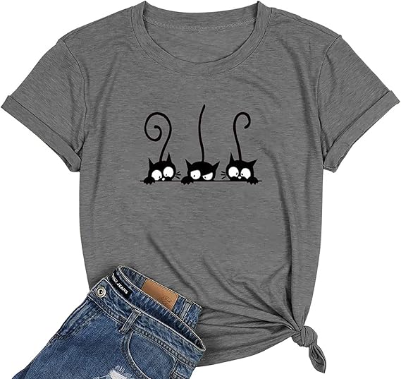 NIUBIA Women's T Shirts Summer Tops Cat Graphic Shirts Casual Thankful Tees