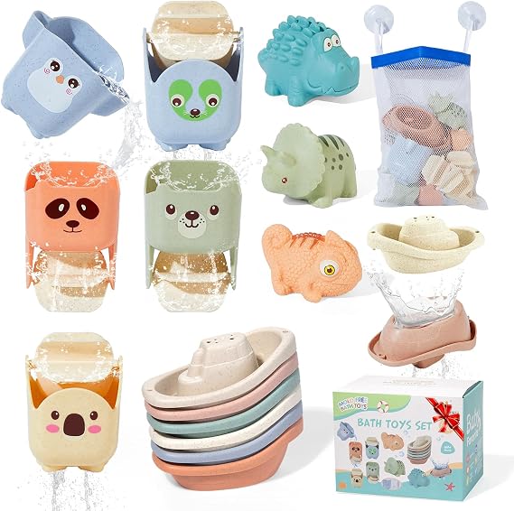 Baby Bath Toys for Kids Ages 1-3, 14 Pack Mold Free Bath Toys Toddlers 2-4 Bathtub Toys with Floating Boats&Cups and No Hole Bath Toy for Babies 6-12 Months Gifts for Boys & Girls
