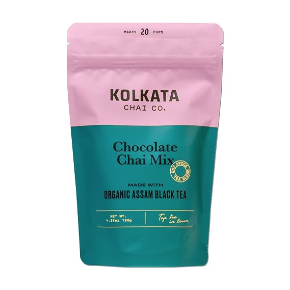 Kolkata Chai Chocolate Chai mix, 100% Organic Black Tea, Makes 20 cups, Premium loose leaf tea and spice blend, All Natural, 4.23 oz