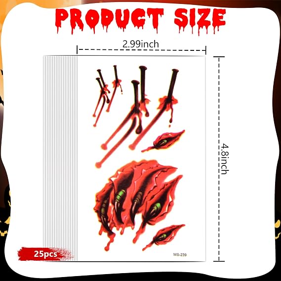 25 Sheets Halloween Zombie Temporary Tattoos, NEDEQI Plus-Size Scar Fake Blood Tattoos Waterproof Realistic Stitches Wound Temp Sticker for Zombie Makeup Chucky SFX Cosume Prank Cosplay Kids Men Women