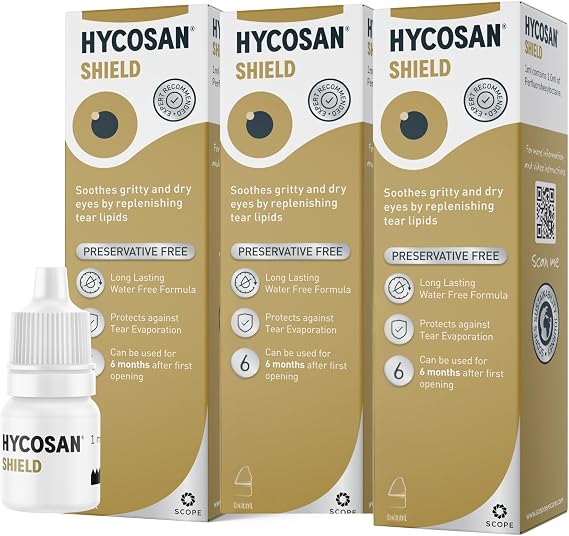 Hycosan Shield Eye Drops – Triple Pack - Preservative Free Single Ingredient Formula for Management of Dry Eyes – 840 Applications – 3x3ml