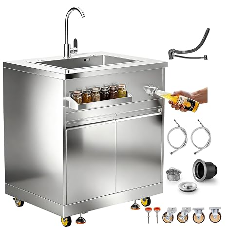 BODEGA Stainless Steel Single bowl kitchen sink Cabinet With hose hookup and Faucet, Outdoor Kitchen Sink with Storage, Brake Wheels & Spice Rack, All-Weather Sink, Use For RV, Yard,Garage,Restaurant.