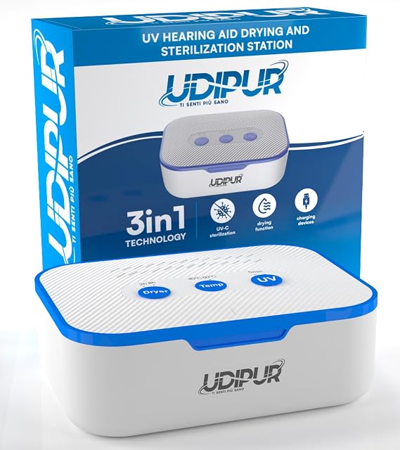 Drying Station for Hearing Aids UV Sterilisation and Charging Functions 3in1 USB Type-C Maximum Temperature 50°C - 110x90x40mm