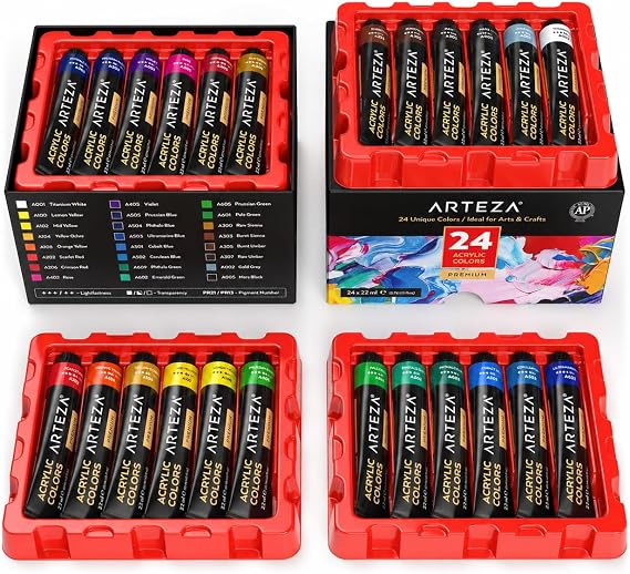 ARTEZA Acrylic Paint Set, 24 Colors, 22 ml / 0.74 oz Tubes, High-Viscosity