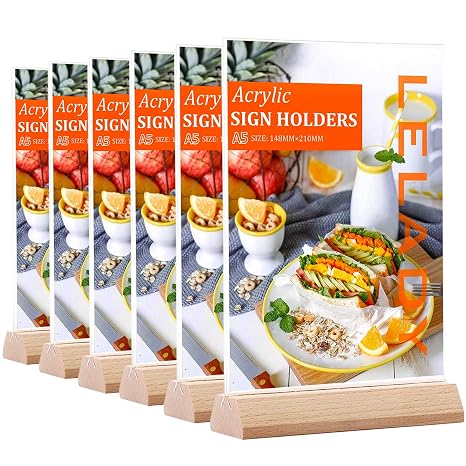 LELADY A5 Acrylic Sign Holder (6 Pack) Plastic A5 Display Stands Double Sided Menu Holder for Tables, Counter Poster Sign Display Stand for Restaurant Store Bar Company (Wood Base) | A5 Wooden Menu Stands, Table Notice Holder, T-Shape Holder for Restaurant, Shops, Hotels, Exhibitions, Weddings