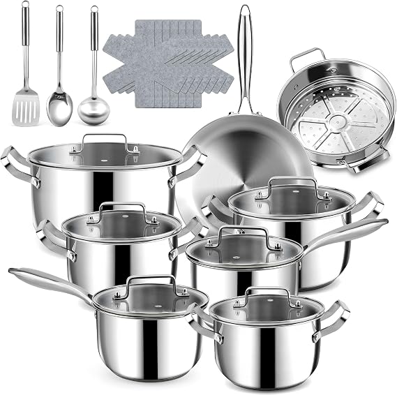 Stainless Steel Cookware Set - 24 PCS Kitchen Cookware Sets with 3-Ply Frying Pan and Steamer, Cool Handles, Heavy-Duty Chef Quality, Pots and Pans Set Compatible with All Stoves