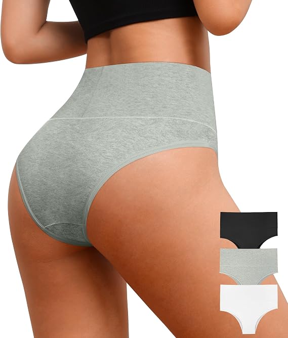 ASIMOON High Waisted Underwear for Women Tummy Control Cotton Bikini Panties Sexy No Muffin Cheeky Panty 3 Pack