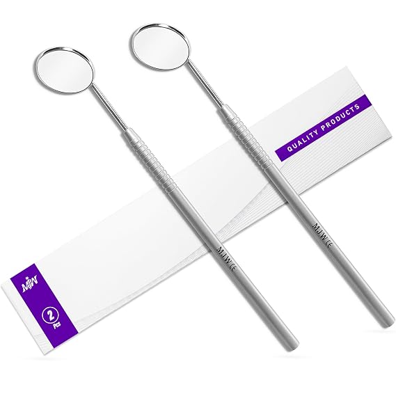 MJW 2pc Dental Mirror for Teeth Care, Lash Extensions & Pet Inspection Stainless Steel with Non-Slip Handle 6.5