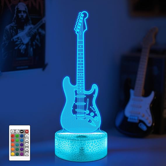 CooPark Guitar 3D Night Light, Illusion LED Bedside Lamp with Remote Control 16 Colors Changing, Guitar Lover Gifts Idea for Friend Music Lover, Home Party Decor Creative Birthday Gift [Energy Class G]