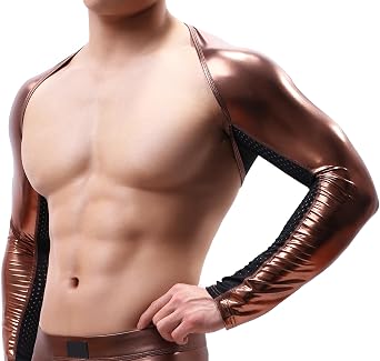 Mens Metallic Shiny Crop Top Vest Sexy Sleeveless Tank Top Muscle Clubwear Sparkly Arm Sleeves Shrug Muscle Tops