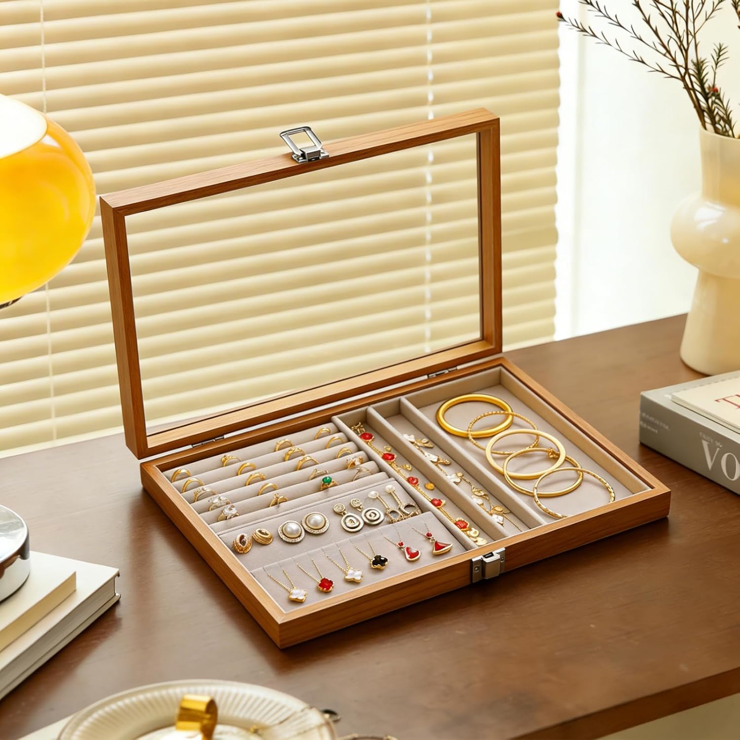 Schmuckkästchen Holz Schmuckaufbewahrung Massivholz Jewelry Organizer mit Transparenter Abdeckung Schmuckschatulle für Damen Schmuckbox Vintage Geschenke für Ohrringe Halsketten Ringe