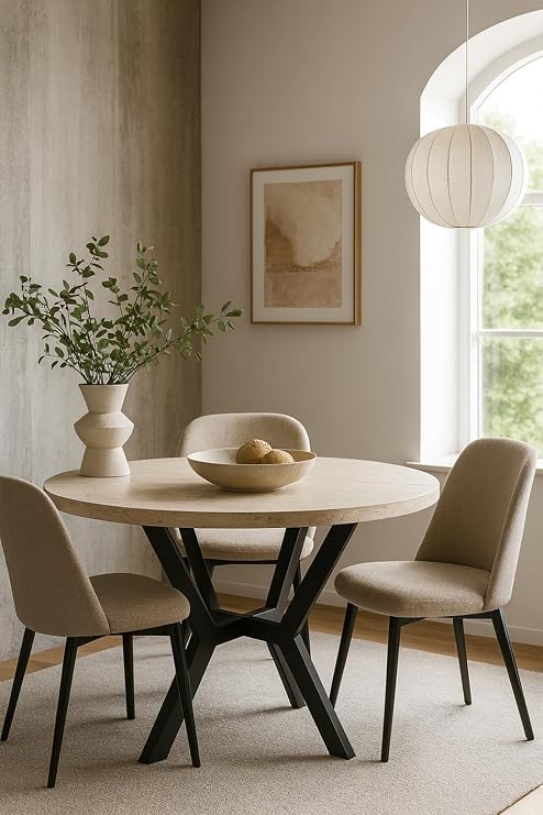 Travertine Pop Up Round Dining Table 100x100 – 130x100 cm | Stylish and Durable Kitchen & Living Room Table with Modern Electrostatic Metal Legs