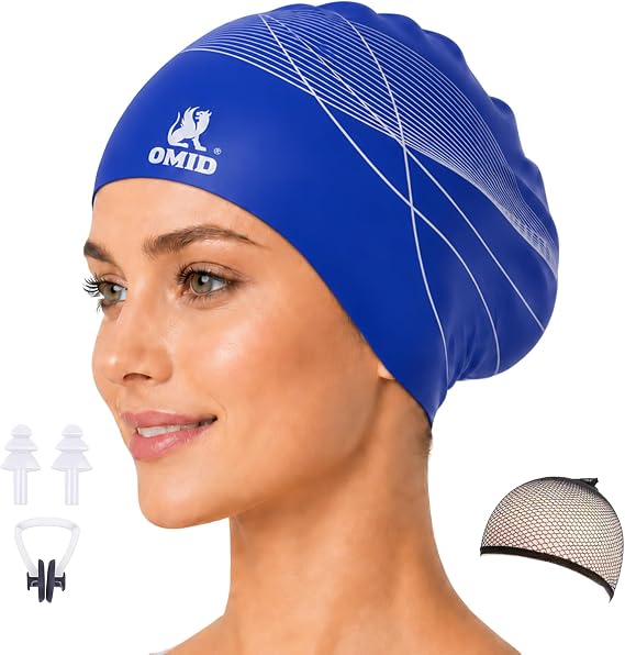 OMID Comfortable Swimming Cap for Women Extra Large Size Designed for Long Hair Dreadlocks and Braids Non Slip Elastic Silicone for Pool Exercise and Beach Activities