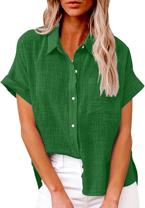 Lastesso Women T Shirts Linen Shirts for Women Button Up Cotton Short Sleeve Blouses Casual Collared Loose Shirt Soft Summer Beach Tops Peime Deals of the Day