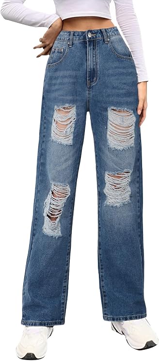 Genleck Women Loose Ripped Boyfriends Jeans High Waist Baggy Denim Pants Distressed Wide Leg Jeans Y2K