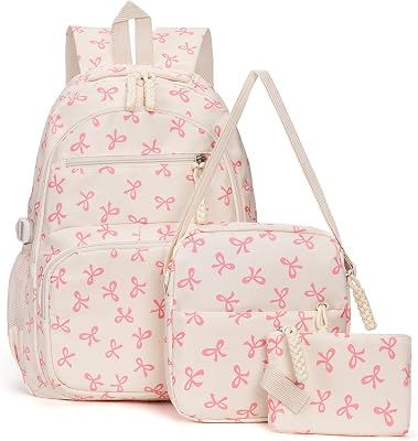 Bow Backpack for Women Kawaii Coquette Nylon Backpack 3Pcs Set Cute College Laptop Rucksack Fashion Travel Daypack White Pink