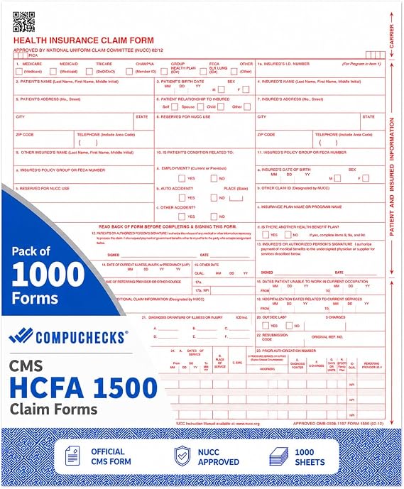 Compuchecks CMS-1500 HCFA Health Insurance Claim Forms, 02/12, 1000 Sheets
