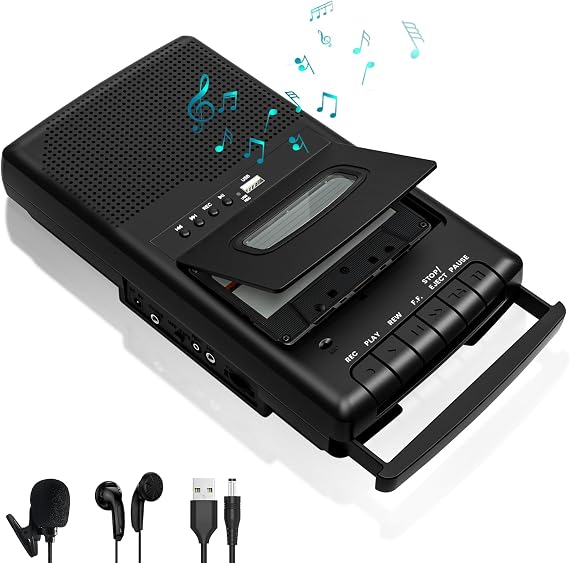 Cassette Player & Tape Recorder with USB Lapel Microphone - Portable USB Player & Tape to MP3 Digital Converter with Headphone Jack, Dual Power (AC/Battery), Retractable Carry Handle-Black