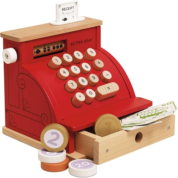 Le Toy Van - Wooden Honeybake Toy Cash Register | Role Play With Receipt, Opening Till Drawer and Money | Perfect for Supermarket, Food Shop or Cafe Pretend Play