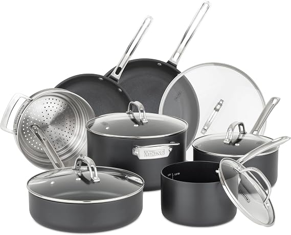 Viking Pots and Pans Set Non Stick,12 Piece Hard Anodized Kitchen Cookware with Glass Lids, Black