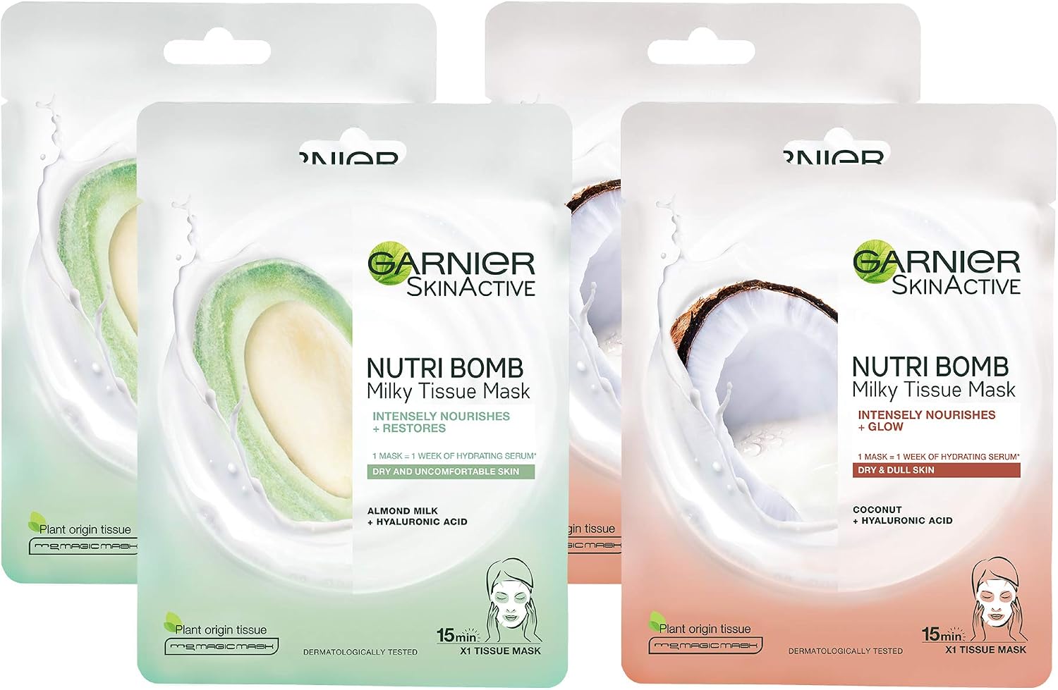 Garnier Nutri Bomb Milky Face Sheet Masks Pack of 4, 2x Garnier Nutri Bomb Mask Almond Milk and Hyaluronic Acid & 2 x Garnier Nutri Bomb Mask Coconut and Hyaluronic Acid