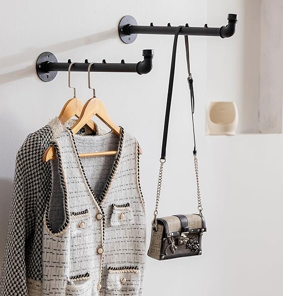 Homeyeeng Industrial Wall Pipe Clothes Bar - Heavy Duty Metal Coat Hanger with Hook, Wall-Mounted Garment Holder Racks,Wall Clothing Racks/Hanging Rail, 2Pcs