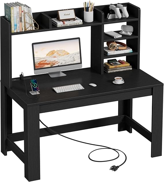 WINAZ 43" Black Gaming Desk with Hutch and Built-in Power Outlet | Modern Computer Desk with 3-Tier Storage Shelves and Hutch, Space-Saving Writing Table for Home Office