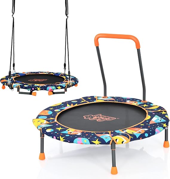 HONEY JOY 2-in-1 Kids Trampoline and Swing Set, 36 Inch Saucer Tree Swing w/Adjustable Ropes, Retractable Feet & Detachable Handrail, Indoor Outdoor Bounce Trampoline w/Handle, Gift for Boys Girls