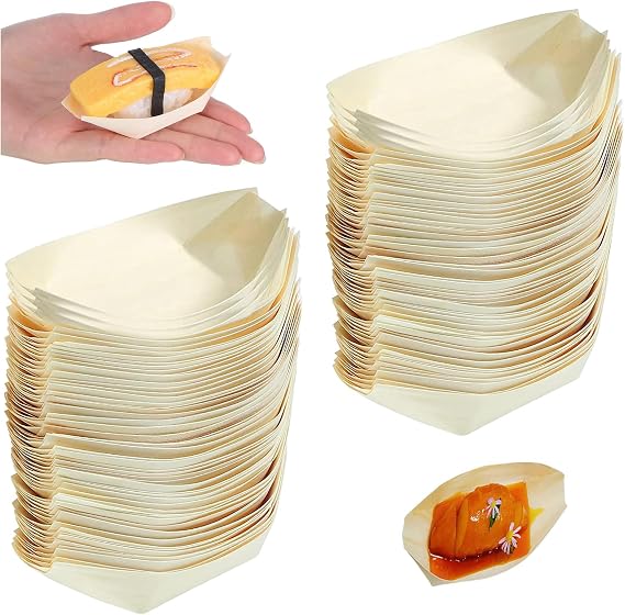 Small Wooden Boats,100 PCS Wooden Boat Dishes for Sushi Snacks and Party Food Pinewood Mini Boat Plates 3 Inch Small Food Dishes Ideal for Weddings Catering and Events